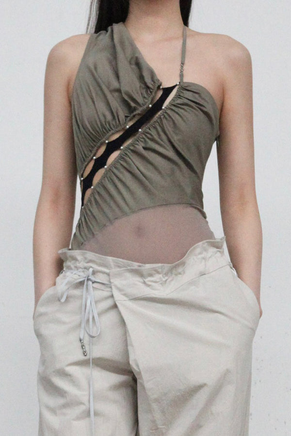 RUIbuilt 25 Spring and Summer One Shoulder Splicing Pleated Bodysuit RUI-RSS25WV11-JL Army Green